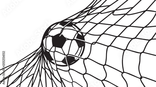 Photography Soccer ball caught in a net, symbolizing a goal scored in a sports game