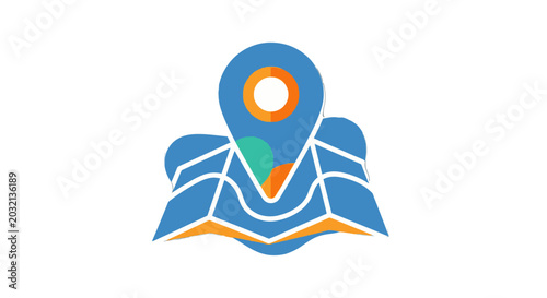 Obraz na plátně Colorful icon of a prominent location pin centered on a stylized abstract map, indicating a specific point or destination, isolated white background