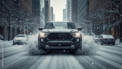SUV traveling through a snowy urban landscape. Streets, vehicles, and trees blanketed in snow; space for text.