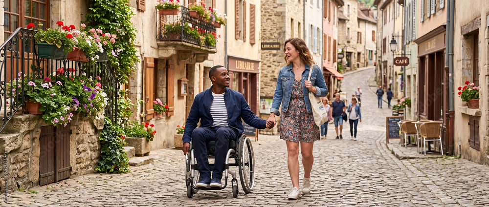 Obraz premium Smiling couple walking along a charming old cobblestone street decorated with colorful flowers