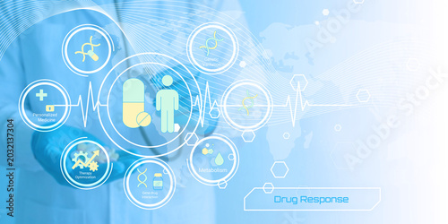 Quadro su tela Modern medical illustration showing personalized medicine concepts with drug res