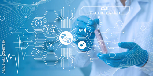 Foto Scientist interacting with futuristic cell communication technology and medical