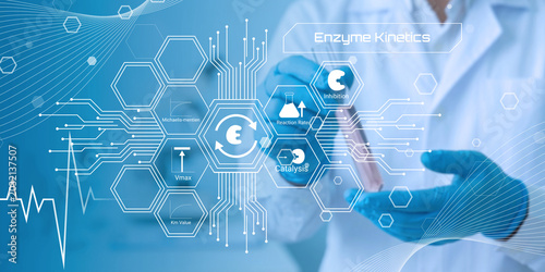 Tableau sur toile Scientist studying enzyme kinetics and biochemical reaction concepts with digita