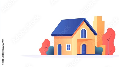 Vibrant Flat Design Home Illustration A modern yellow house with a blue roof, detailed windows, flanked by stylized trees on a clean white backdrop. Perfect for real estate. Dwelling,