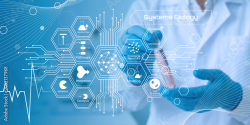 Foto Scientist using digital interface illustrating systems biology concepts with int