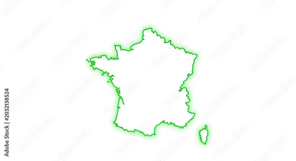 Fototapeta premium France Outline Map Neon Glow Green Border Isolated White Background