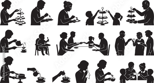 Foto Black silhouettes of people eating and drinking in various scenarios together