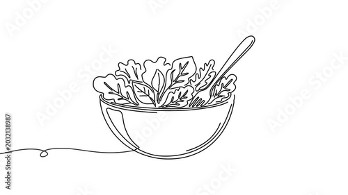 Animation of line drawing of a bowl of salad with leafy shapes, symbolizing healthy choices, balance, and daily meals.