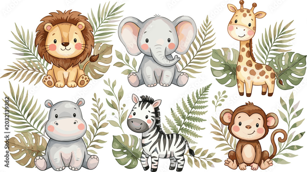 Fototapeta premium Cute Baby Safari Animal Watercolor Vector Illustration Set with Lion Elephant Giraffe Zebra Monkey and Tropical Jungle Leaves for Nursery Wall Art and Kids Stationery Designs