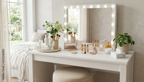 Elegant Vanity Table With Skincare And Makeup Products