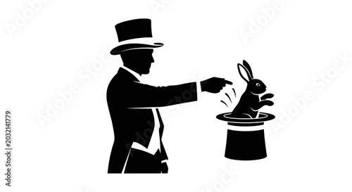 Magician Pulling Rabbit Out of Top Hat Silhouette.