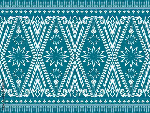Teal Blue Thai Fabric Pattern Floral Geometric Traditional Woven Seamless Design