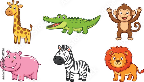 Photography Cute Cartoon Safari Animal Vector Illustration Set Featuring Lion Zebra Giraffe