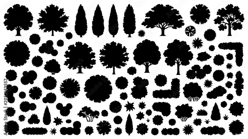 Fototapeta premium Landscape Vegetation CAD Collection with Trees Shrubs Hedges and Planting Elements