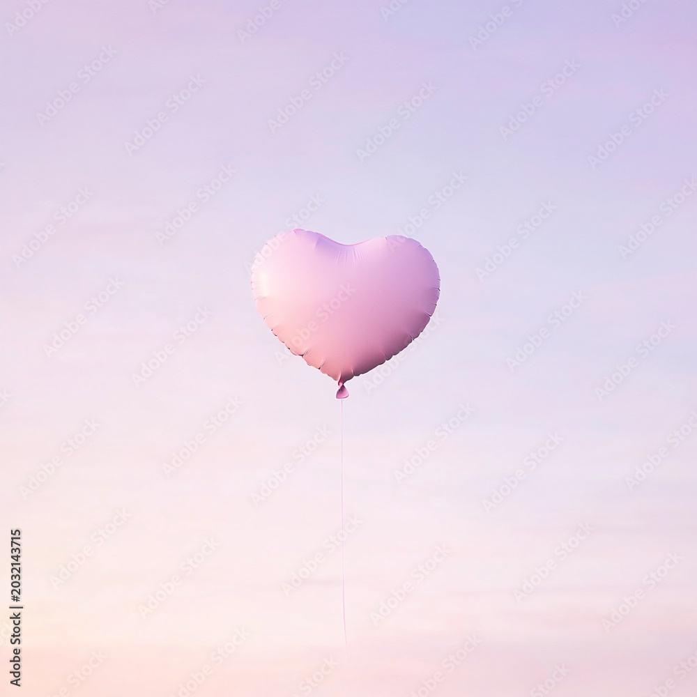 Obraz premium Minimalist poster with heart-shaped balloon over gentle lavender sky. Perfect for decorative print