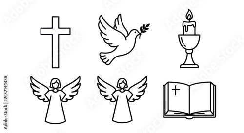 Obraz na płótnie Christian Symbols: Cross, Dove, Candle, Angels, Open Bible Icons