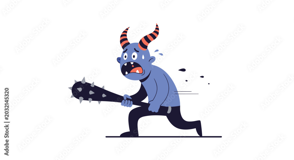 Fototapeta premium Scared blue monster running quickly while holding a spiked wooden club and looking back with a terrified facial expression.