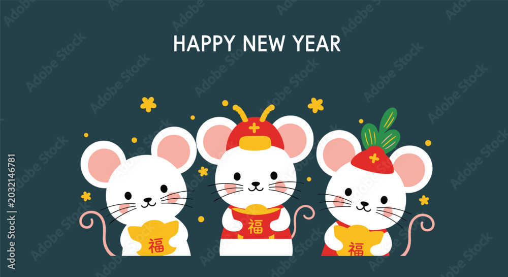 Fototapeta premium Group of three white mice wearing traditional Chinese costumes and holding gold ingots to celebrate the lunar happy new year of the rat.