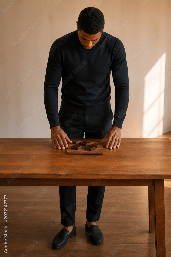 Fototapeta premium Black Man Standing Over Wooden Table with Dark Chocolate Pieces