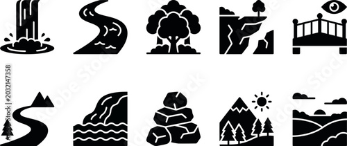 Foto Collection of nature landscape icons with mountains trees and water features