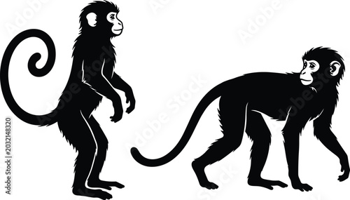 Canvas Print Detailed Black Silhouette Monkey and Primate Vector Set Featuring Two Chimpanzee