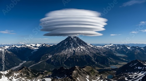 A large lenticular cloud hovering over a snow-capped mountain peak under a clear blue sky, creating a dramatic atmospheric phenomenon in a alpine landscape