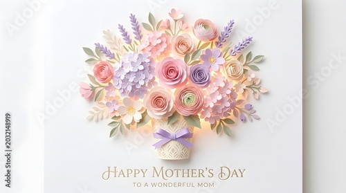A paper craft bouquet of pastel flowers in a small vase with a purple ribbon and the text happy mother's day to a mom on a white background