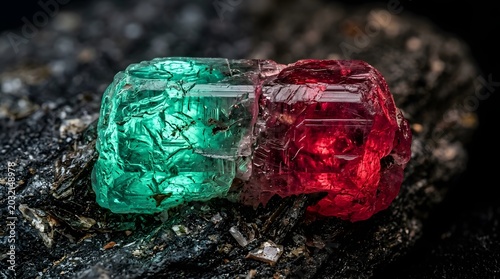 Close up of a raw bicolor tourmaline crystal with distinct green and red sections resting on a dark, textured mineral rock surface under bright studio lighting