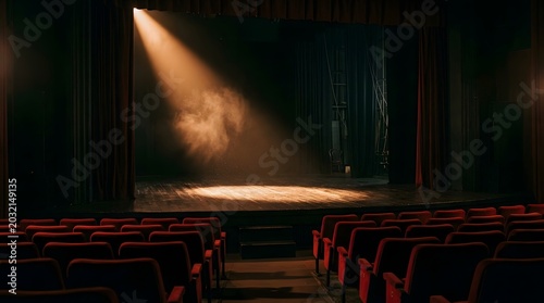 Empty theater stage with rows of red velvet seats facing a dark wooden platform illuminated by a single bright spotlight beam creating a dramatic atmosphere in a hall