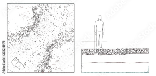 Schilderij op canvas Architectural landscape plan and section vector, gravel path with stone texture