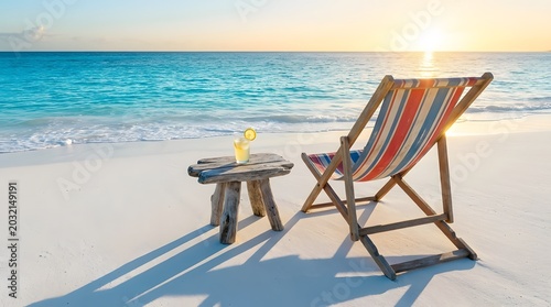 Beach Chair and Cocktail at Sunset on Tropical White Sand