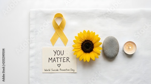 Yellow awareness ribbon for suicide prevention day with a sunflower, a grey stone, and a burning candle on a white fabric background, next to a, card that says, you matter