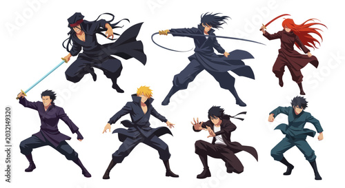 Anime Warriors: Diverse Characters in Dynamic Poses with Swords and Weapons