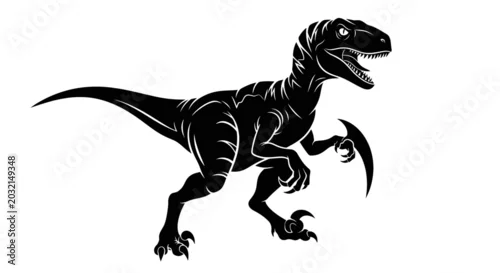 Fototapeta na wymiar Black Silhouette Raptor Dinosaur on White Background