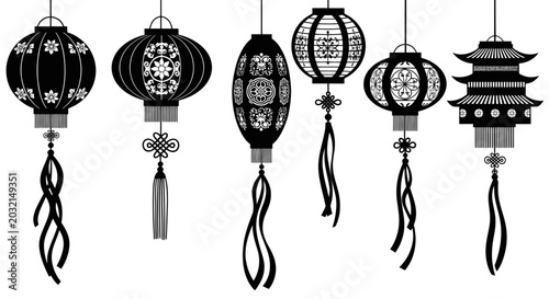 Black Silhouette Chinese Lanterns Collection, Traditional Asian Decoration Elements