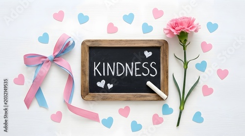 A small wooden blackboard with the word kindness written in white chalk surrounded by pink and blue paper hearts and a single pink carnation flower
