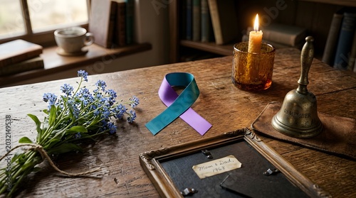 Teal and purple awareness ribbon placed on a rustic wooden table with a bouquet of blue forget-me-not flowers, a burning candle, and a vintage brass bell, memorial or remembrance