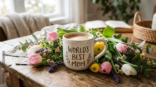 A ceramic mug with world's mom text surrounded by a fresh bouquet of pink and white tulips and yellow ranunculus flowers on a rustic wooden table