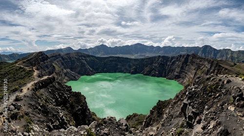 Panoramic view of a volcanic crater lake with vibrant green water surrounded by rugged rocky cliffs and a cloudy blue sky in a remote mountainous landscape