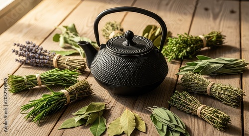 A traditional black cast iron teapot sits on a rustic wooden table surrounded by fresh dried herbs and botanical leaves in warm natural light, infusion, hot, lifestyle