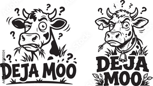 Cuadro en lienzo Funny cow with question marks and deja moo text pun line art illustration