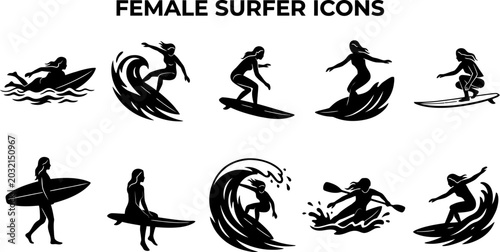 Canvas Print Female surfer icons set with various surfing poses and actions on white backgrou