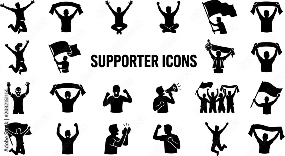 Obraz premium Supporter icons set with people celebrating and cheering in various poses and actions