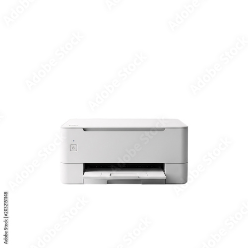 White modern compact printer with paper output tray extended.