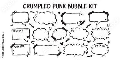 Set of hand drawn speech bubbles and thought clouds in punk rock style with safety pins and tape Vector, illustration