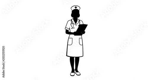 Silhouette of a female nurse holding a clipboard.