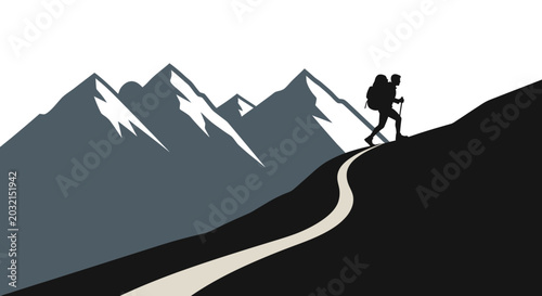 Silhouette of a hiker with backpack and poles ascending a mountain path.