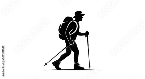 Silhouette of a Hiker with Backpack and Trekking Poles.