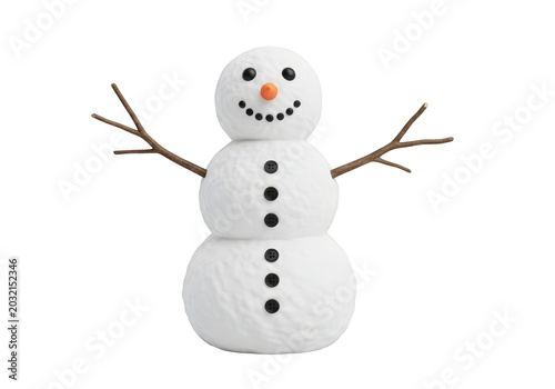 A friendly 3d snowman with a carrot nose, black button eyes, and twig arms, isolated on transparent background