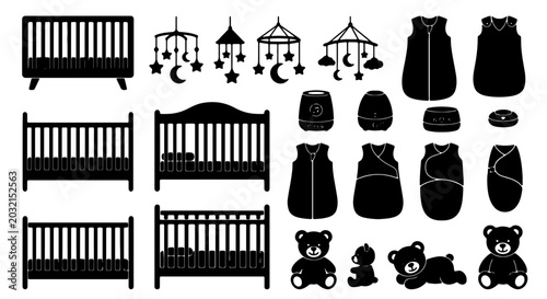 Photos Baby Nursery Essentials Collection, Vector Icons Set: Cribs, Sleep Sacks, Mobile
